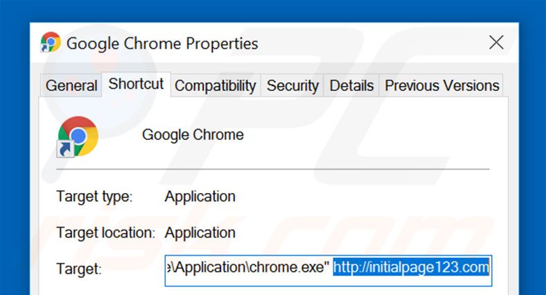 Eliminar initialpage123.com del destino del acceso directo de Google Chrome paso 2