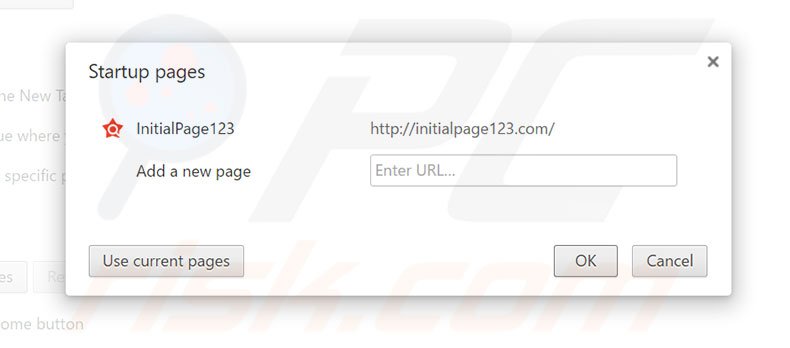 Eliminando initialpage123.com de la página de inicio de Google Chrome