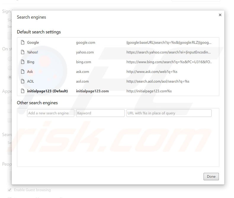 Eliminando initialpage123.com del motor de búsqueda predeterminado en Google Chrome