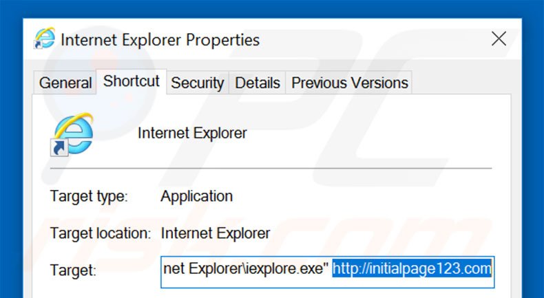Eliminar initialpage123.com del destino del acceso directo de Internet Explorer paso 2