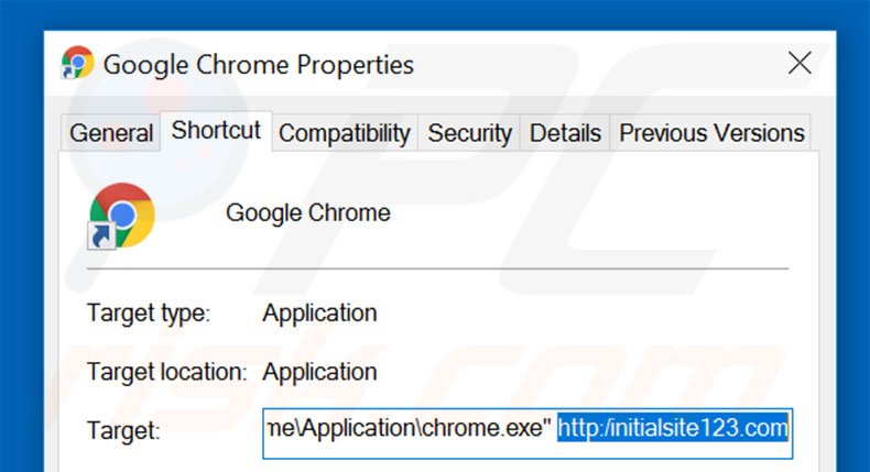 Eliminar initialsite123.com del destino del acceso directo de Google Chrome paso 2
