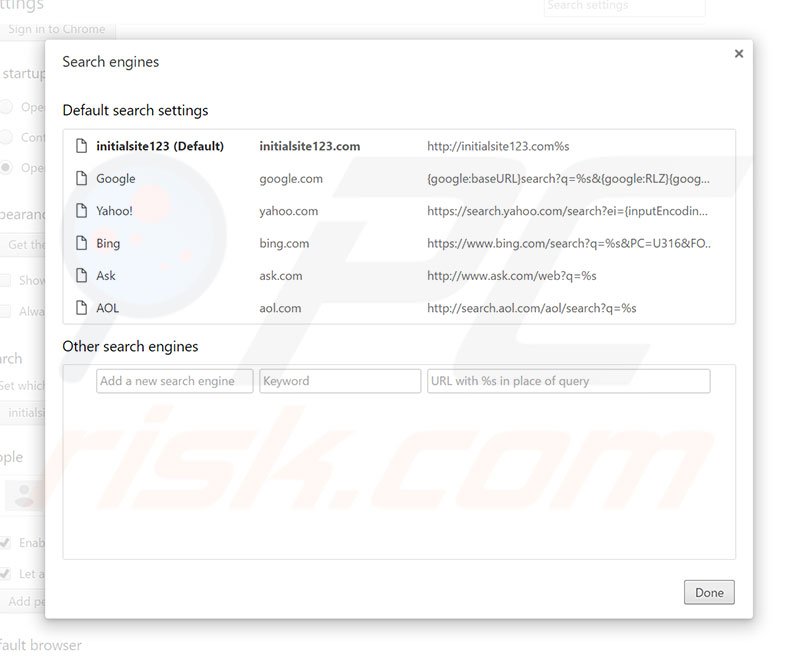 Eliminando initialsite123.com del motor de búsqueda predeterminado en Google Chrome