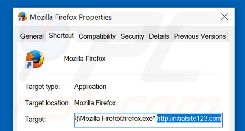 Eliminar initialsite123.com del destino del acceso directo de Mozilla Firefox paso 1