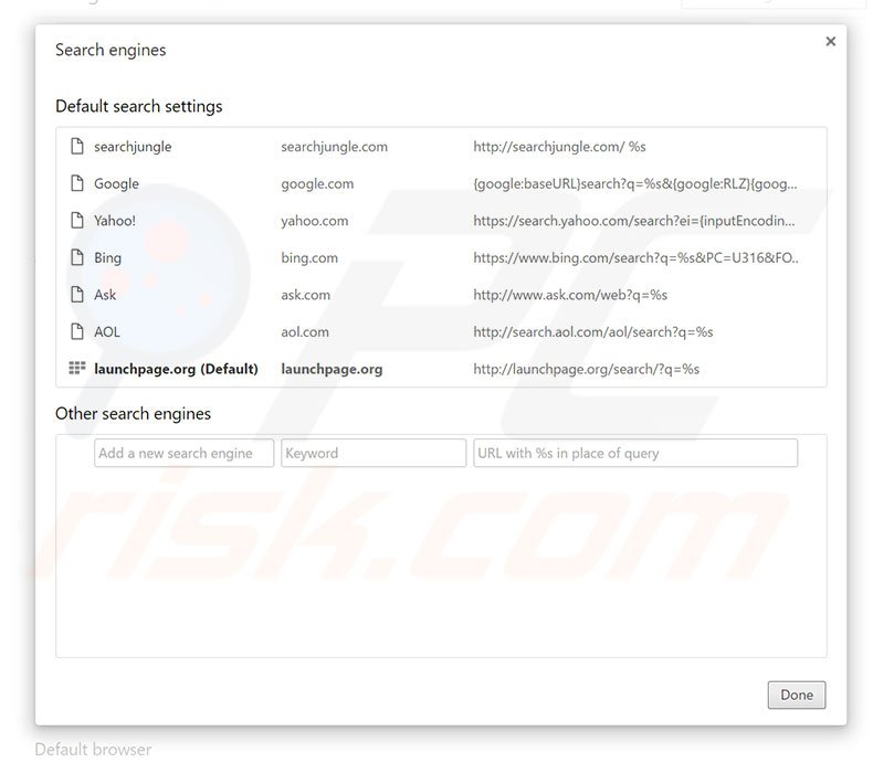 Eliminando launchpage.org del motor de búsqueda por defecto de Google Chrome