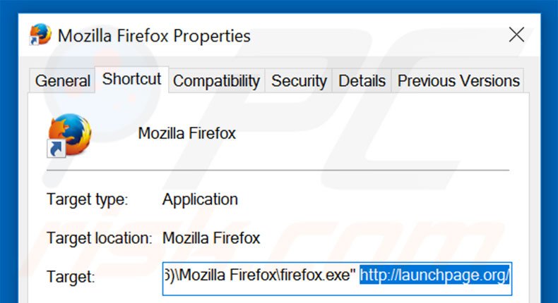 Eliminar launchpage.org del destino del acceso directo de Mozilla Firefox paso 2