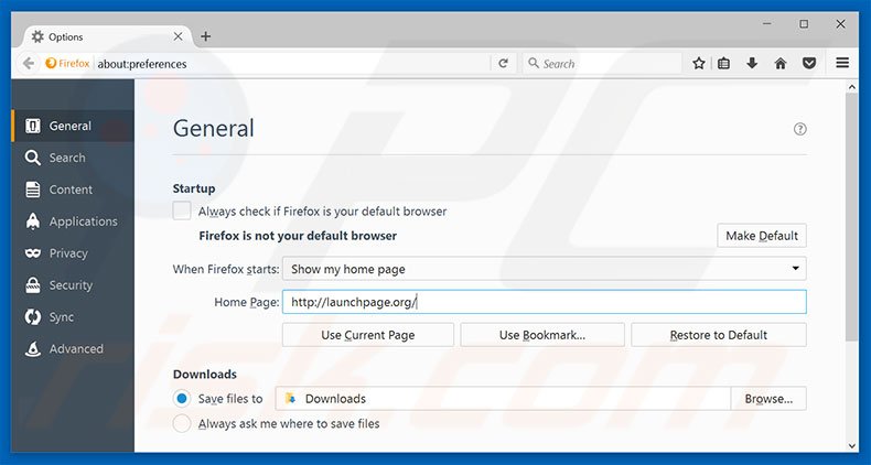 Eliminando launchpage.org de la página de inicio de Mozilla Firefox