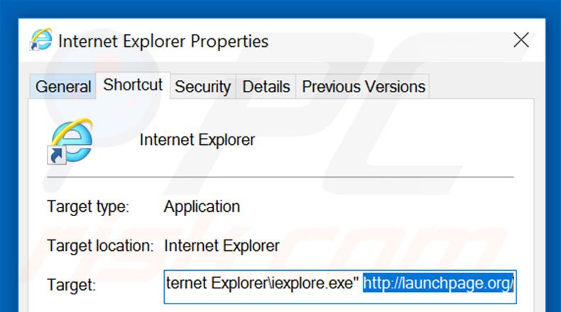 Eliminar launchpage.org del destino del acceso directo de Internet Explorer paso 2