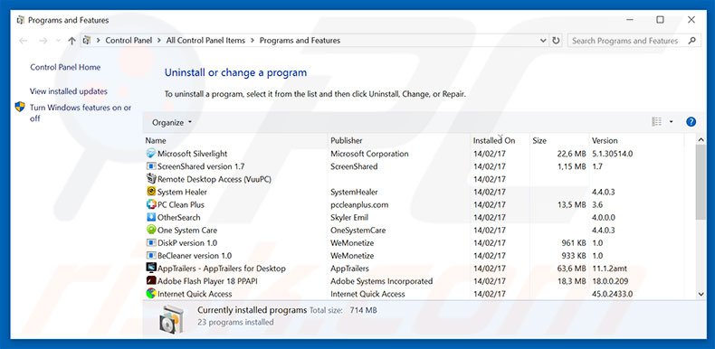 desinstalar el software publicitario Microsoft Has Detected A Porn Virus desde el Panel de Control