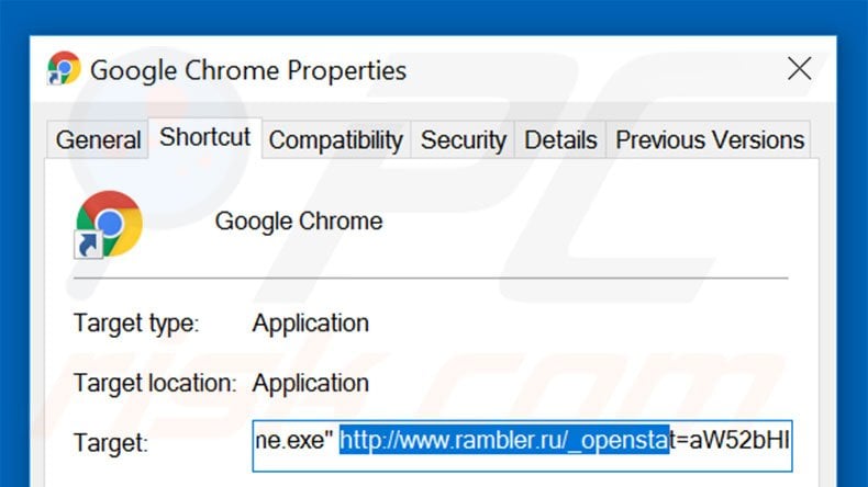 Eliminar rambler.ru del destino del acceso directo de Google Chrome paso 2