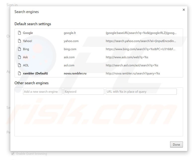 Eliminando rambler.ru del motor de búsqueda por defecto de Google Chrome