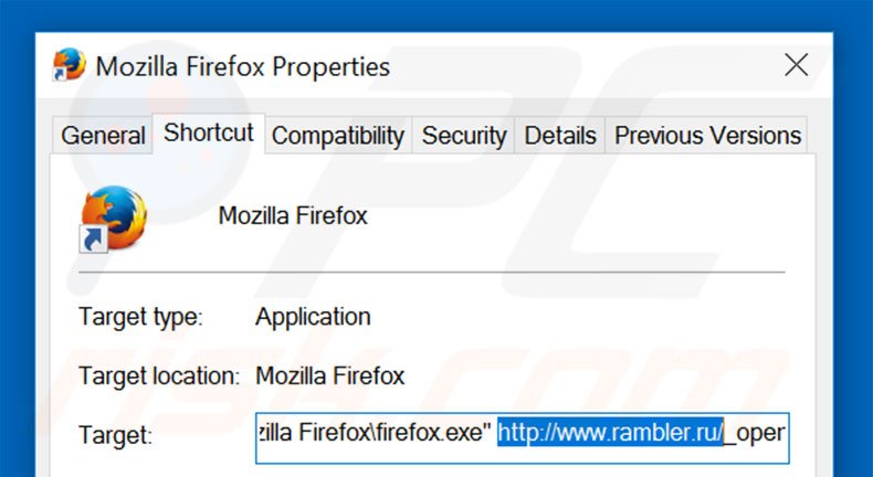 Eliminar rambler.ru del destino del acceso directo de Mozilla Firefox paso 2