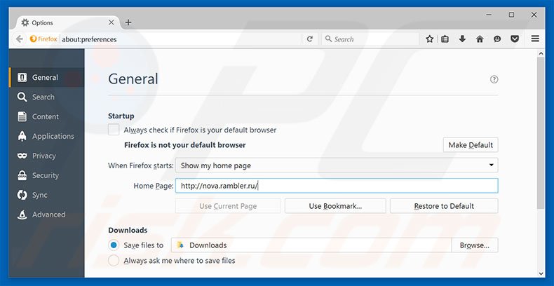 Eliminando rambler.ru de la página de inicio de Mozilla Firefox