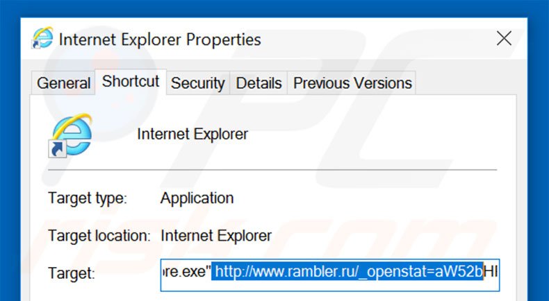 Eliminar rambler.ru del destino del acceso directo de Internet Explorer paso 2