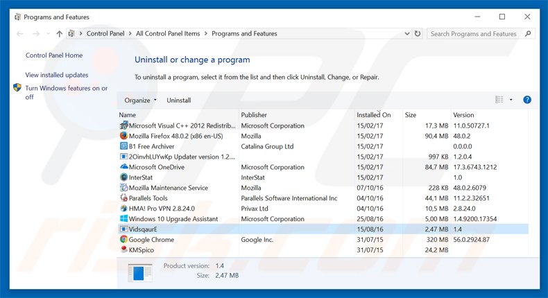 desinstalar el adware vidsqaure del Panel de control