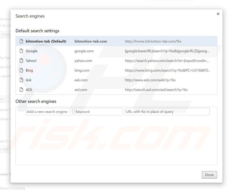 Eliminando home.bitmotion-tab.com del motor de búsqueda por defecto de Google Chrome