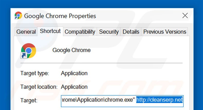 Eliminar cleanserp.net del destino del acceso directo de Google Chrome paso 2