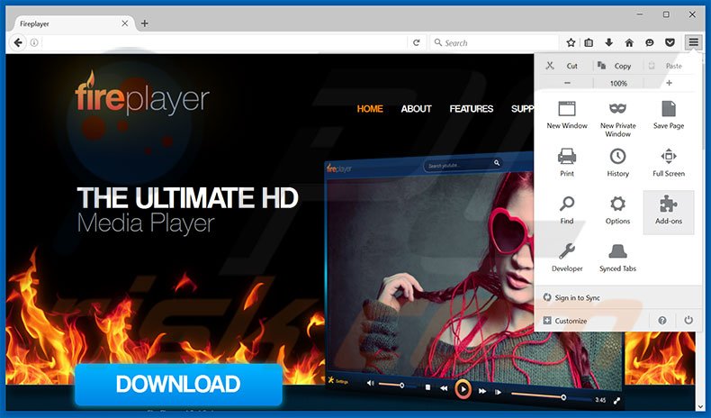 Eliminando los anuncios FirePlayer de Mozilla Firefox paso 1