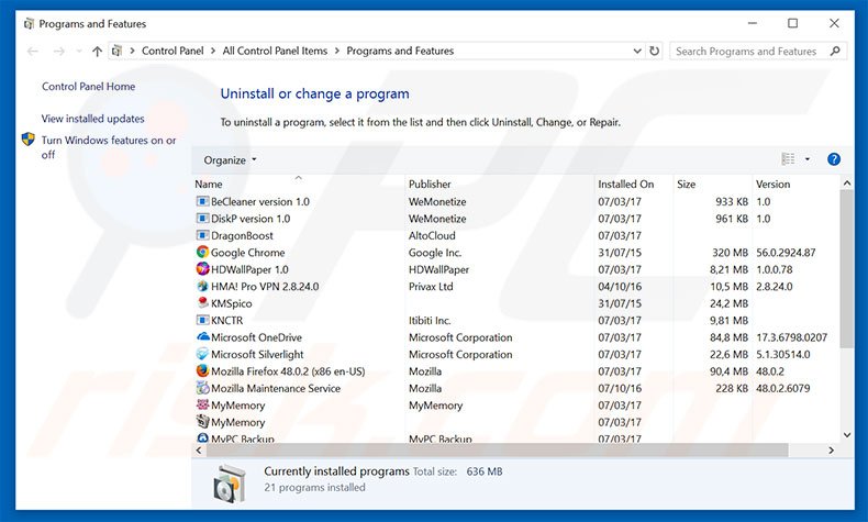 desinstalar el software publicitario Malicious Pornographic Spyware/Riskware Detected desde el Panel de control