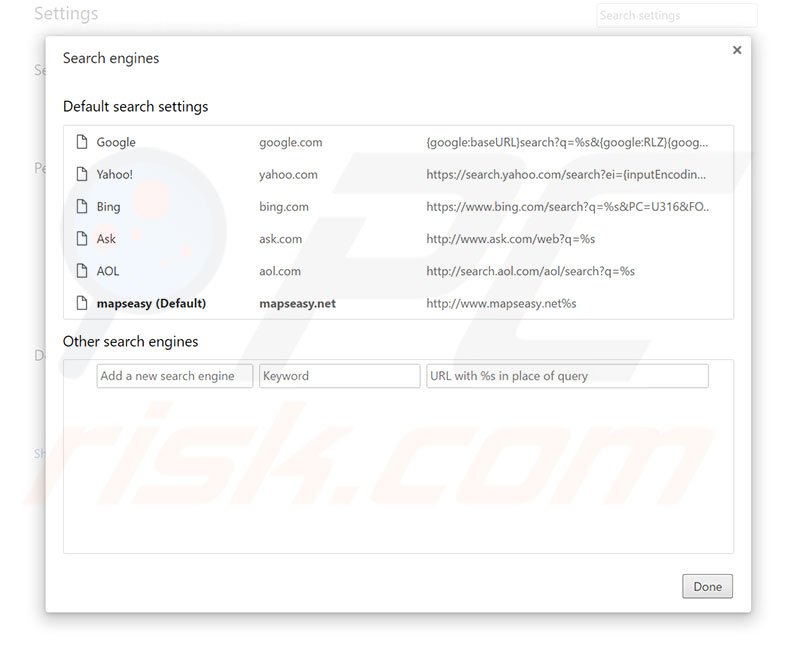 Eliminando mapseasy.net del motor de búsqueda por defecto de Google Chrome