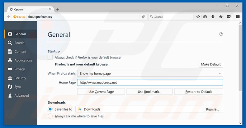 Eliminando mapseasy.net de la página de inicio de Mozilla Firefox