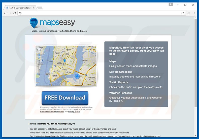Sitio web destinado a promocionar el secuestrador de navegadores MapsEasy