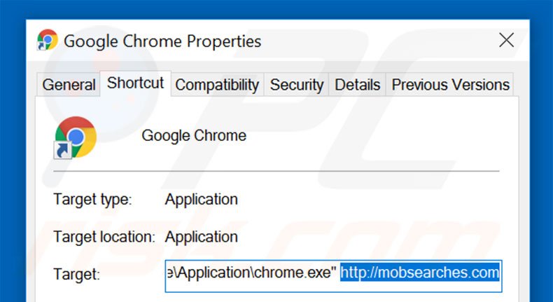 Eliminar mobsearches.com del destino del acceso directo de Google Chrome paso 2