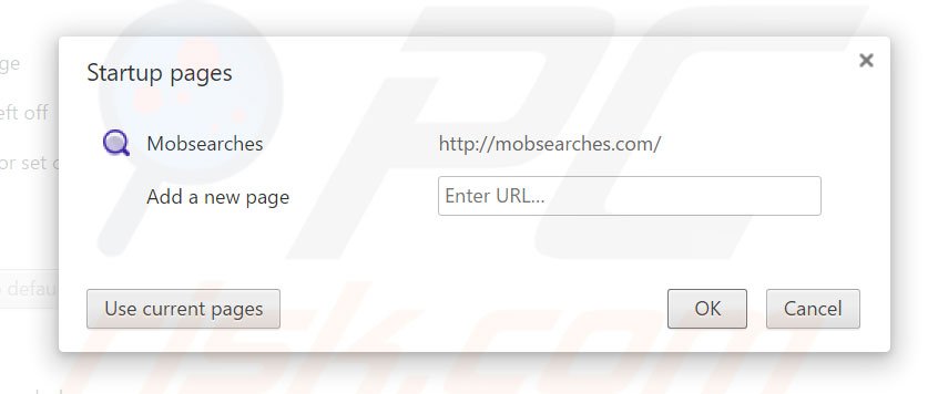 Eliminando mobsearches.com de la página de inicio de Google Chrome