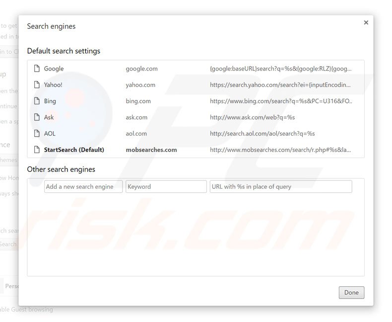 Eliminando mobsearches.com del motor de búsqueda por defecto de Google Chrome