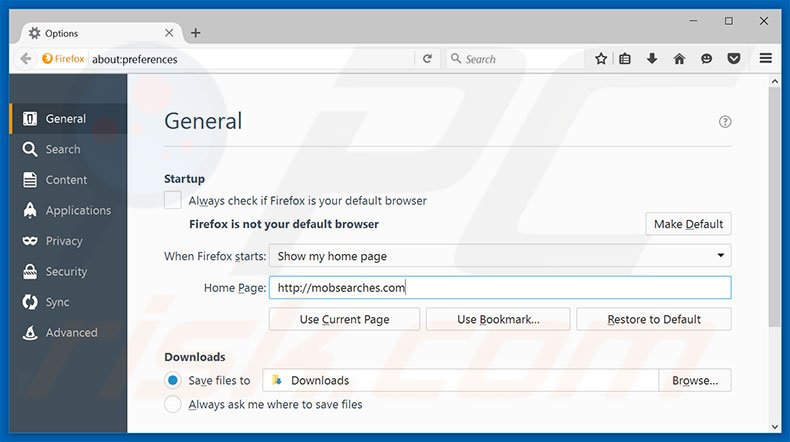 Eliminando mobsearches.com de la página de inicio de Mozilla Firefox