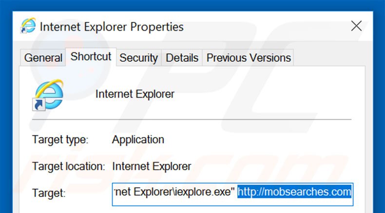 Eliminar mobsearches.com del destino del acceso directo de Internet Explorer paso 2