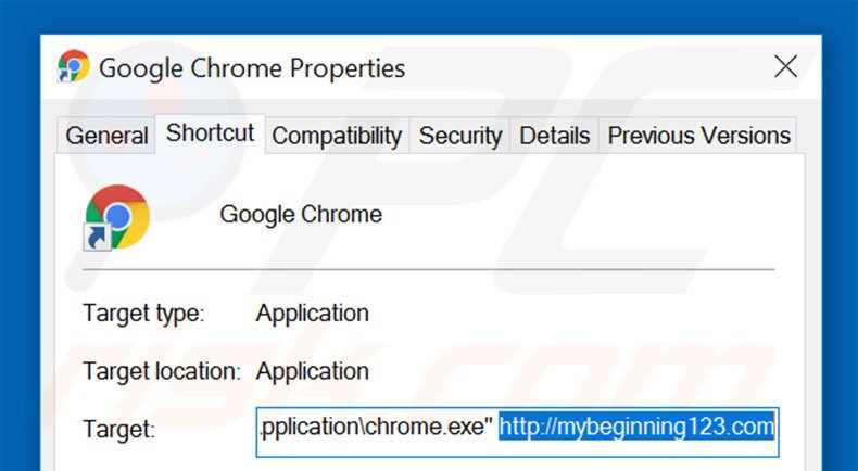 Eliminar mybeginning123.com del destino del acceso directo de Google Chrome paso 2
