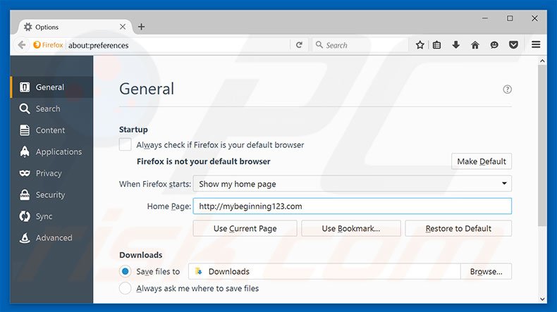 Eliminando mybeginning123.com de la página de inicio de Mozilla Firefox