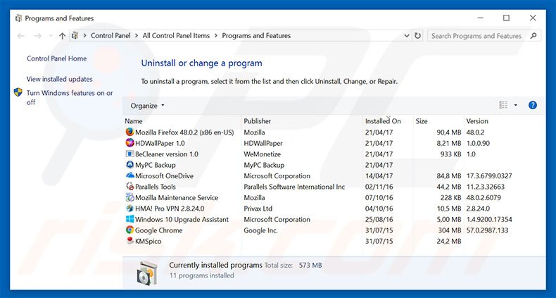 desinstalar el secuestrador de navegadores mybeginning123.com con el Panel de control