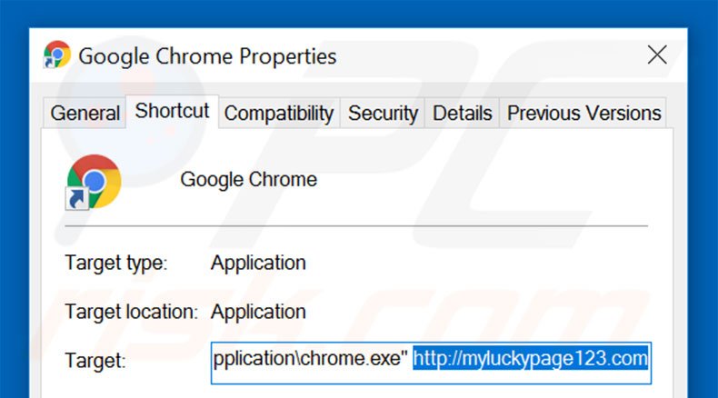 Eliminar myluckypage123.com del destino del acceso directo de Google Chrome paso 2