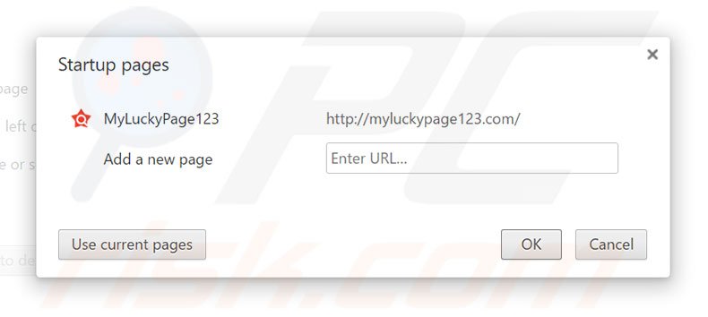 Eliminando myluckypage123.com de la página de inicio de Google Chrome