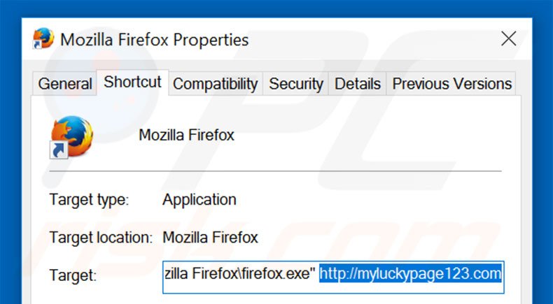 Eliminar myluckypage123.com del destino del acceso directo de Mozilla Firefox paso 2