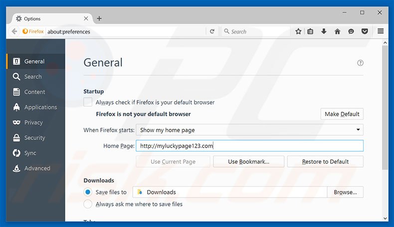 Eliminando myluckypage123.com de la página de inicio de Mozilla Firefox