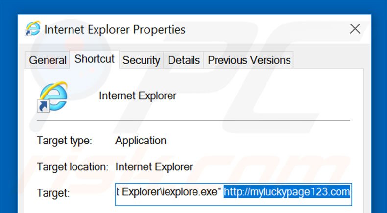 Eliminar myluckypage123.com del destino del acceso directo de Internet Explorer paso 2