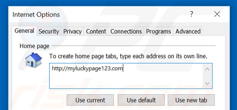 Eliminando myluckypage123.com de la página de inicio de Internet Explorer