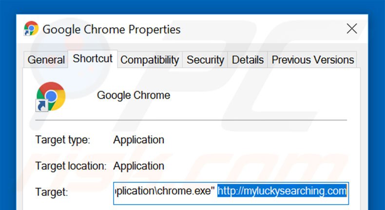 Eliminar myluckysearching.com del destino del acceso directo de Google Chrome paso 2