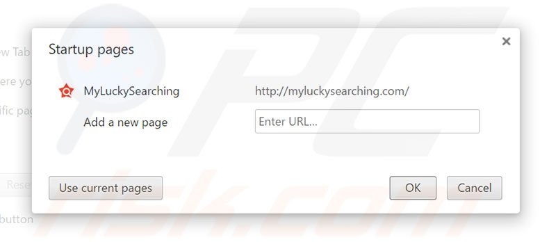 Eliminando myluckysearching.com de la página de inicio de Google Chrome