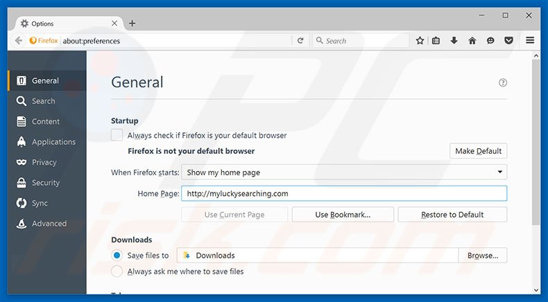 Eliminando myluckysearching.com de la página de inicio de Mozilla Firefox