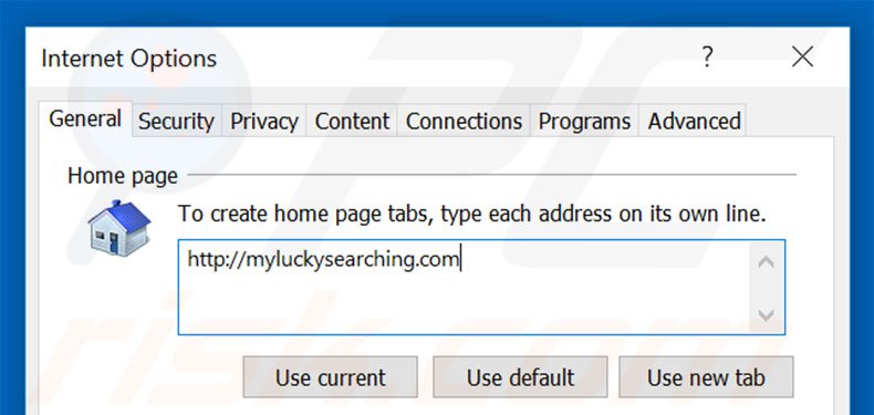 Eliminando myluckysearching.com de la página de inicio de Internet Explorer