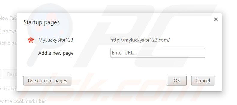 Eliminando myluckysite123.com de la página de inicio de Google Chrome
