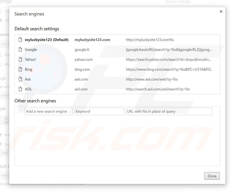 Eliminando myluckysite123.com del motor de búsqueda predeterminado en Google Chrome