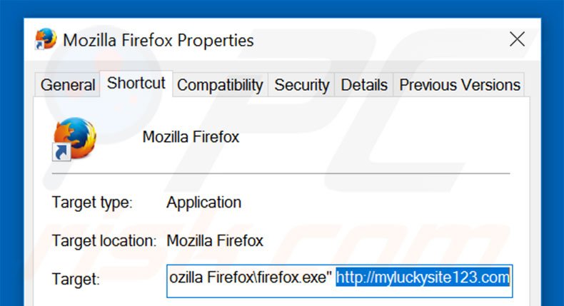 Eliminar myluckysite123.com del destino del acceso directo de Mozilla Firefox paso 2