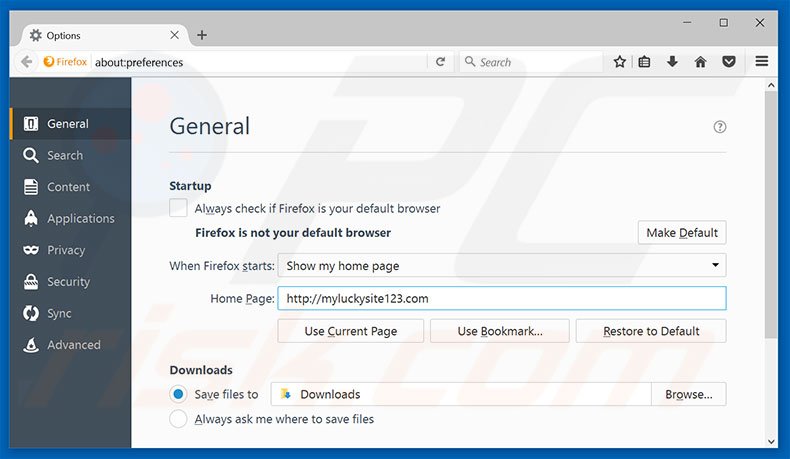 Eliminando myluckysite123.com de la página de inicio de Mozilla Firefox