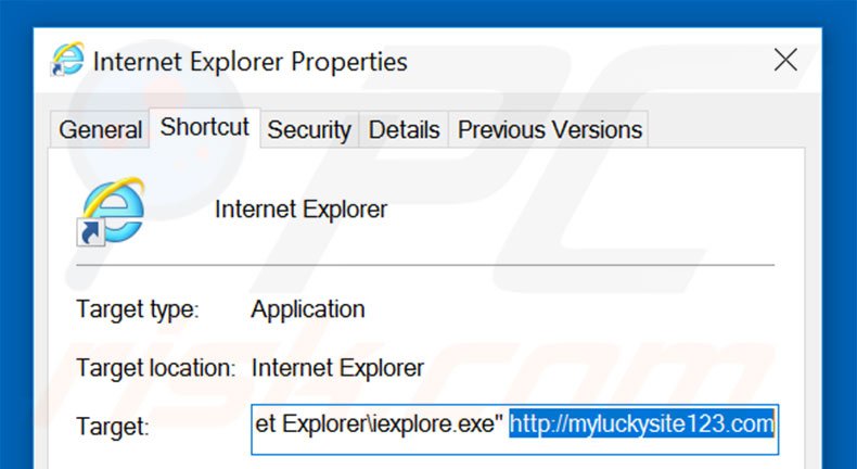 Eliminar myluckysite123.com del destino del acceso directo de Internet Explorer paso 2