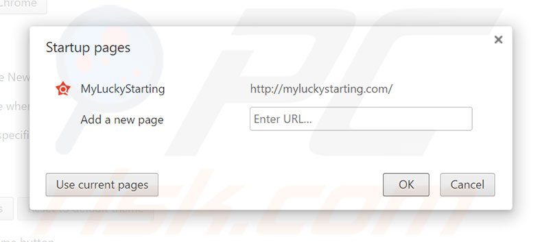 Eliminando myluckystarting.com de la página de inicio de Google Chrome