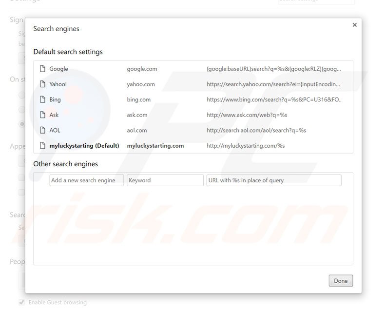 Eliminando myluckystarting.com del motor de búsqueda por defecto de Google Chrome